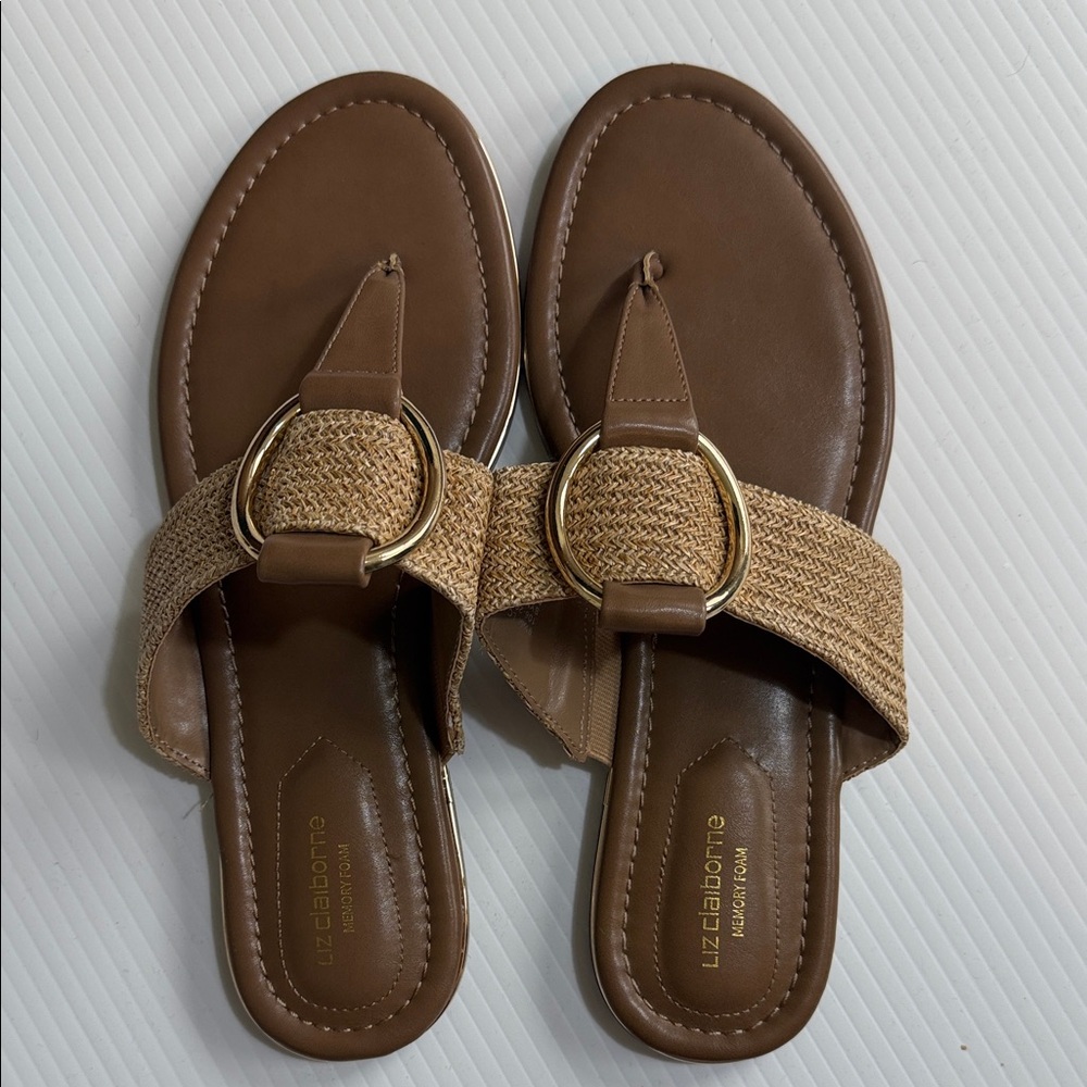 Liz Claiborne Brown Tan Woven Slide Sandals with Gold Ring